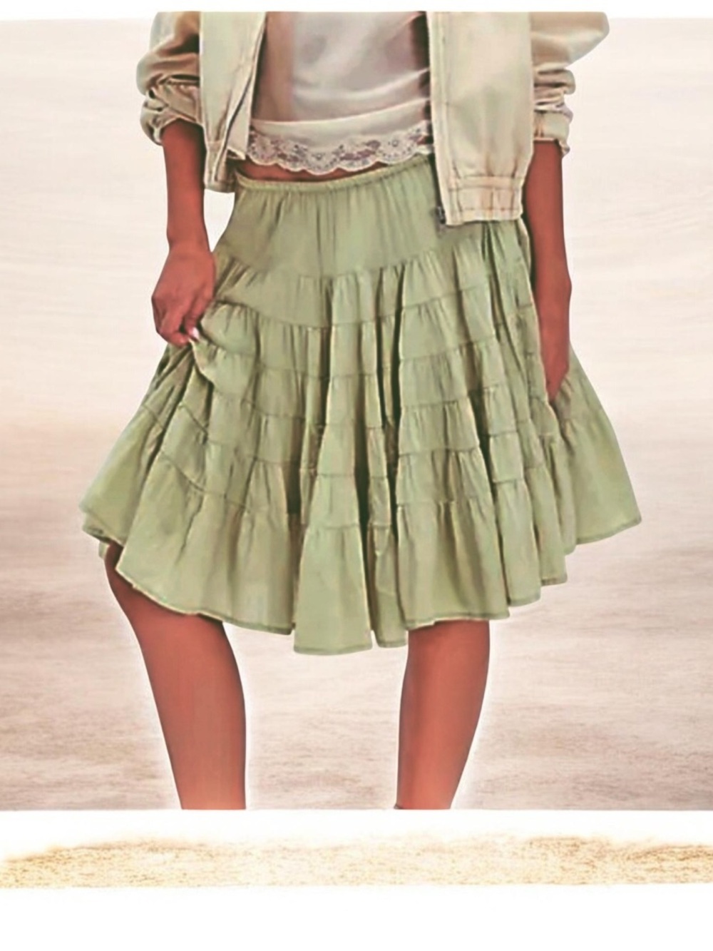 FREE PEOPLE MANY LAYERS TIERED KNEE LENGTH SKIRT SP TO M MUTED MOSS GREEN